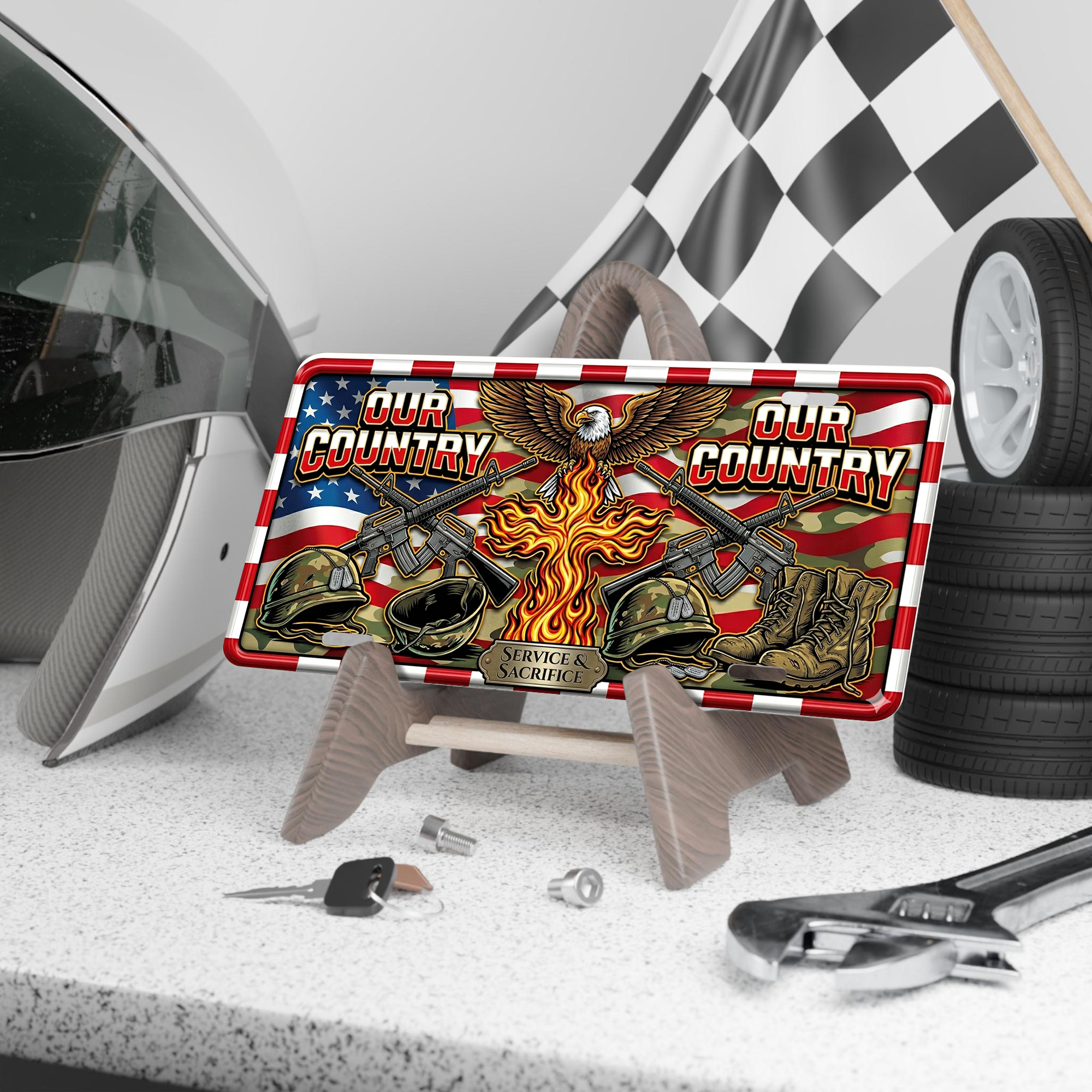 250 Years “FOUR COUNTRY” 2D Eagle Design License Plate Frame – Waterproof Aluminum Decorative Cover - Delicate Leather  