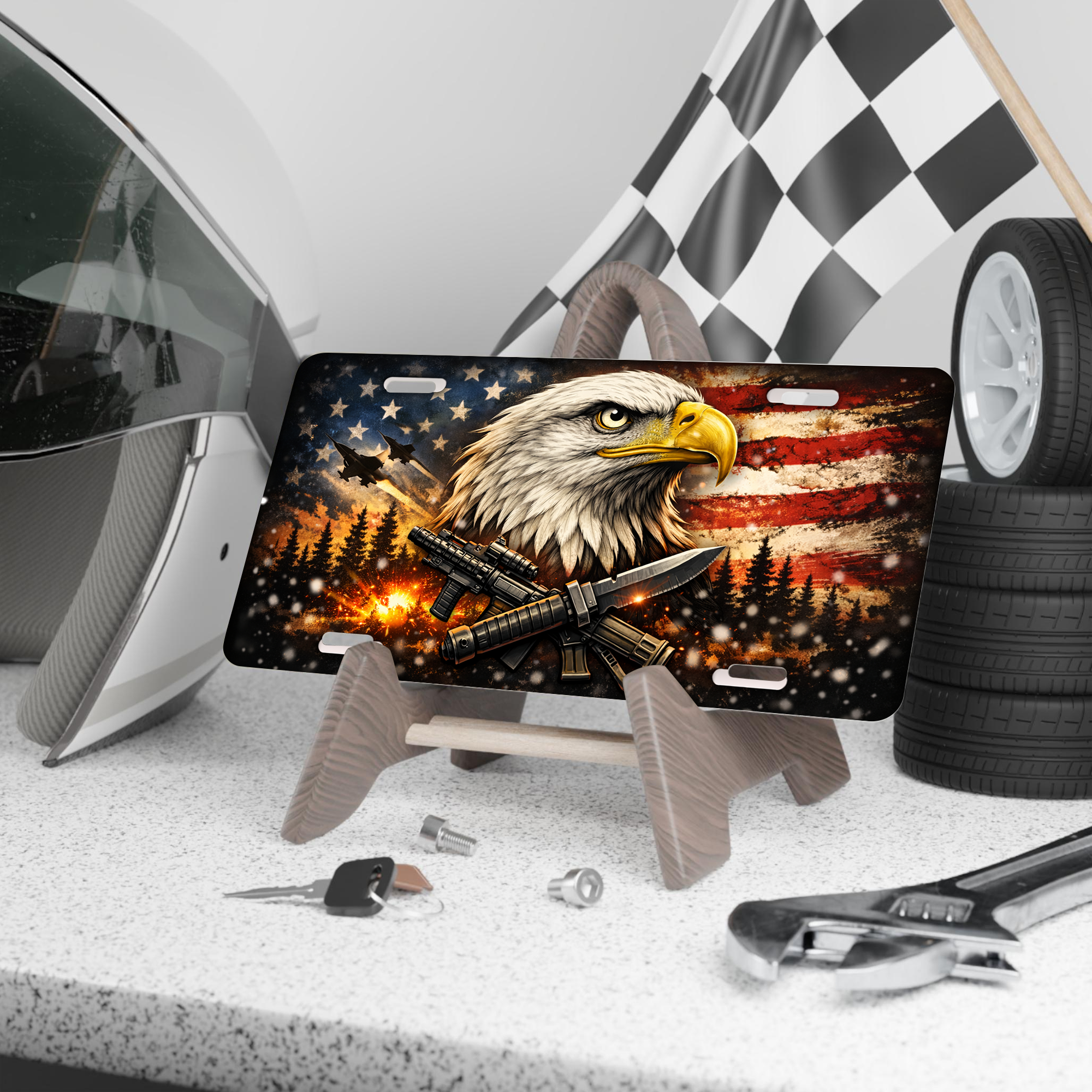 2D Eagle America 250Th Anniversary Pattern License Plate Frame – Waterproof Aluminum Decorative Plate Cover - Delicate Leather  