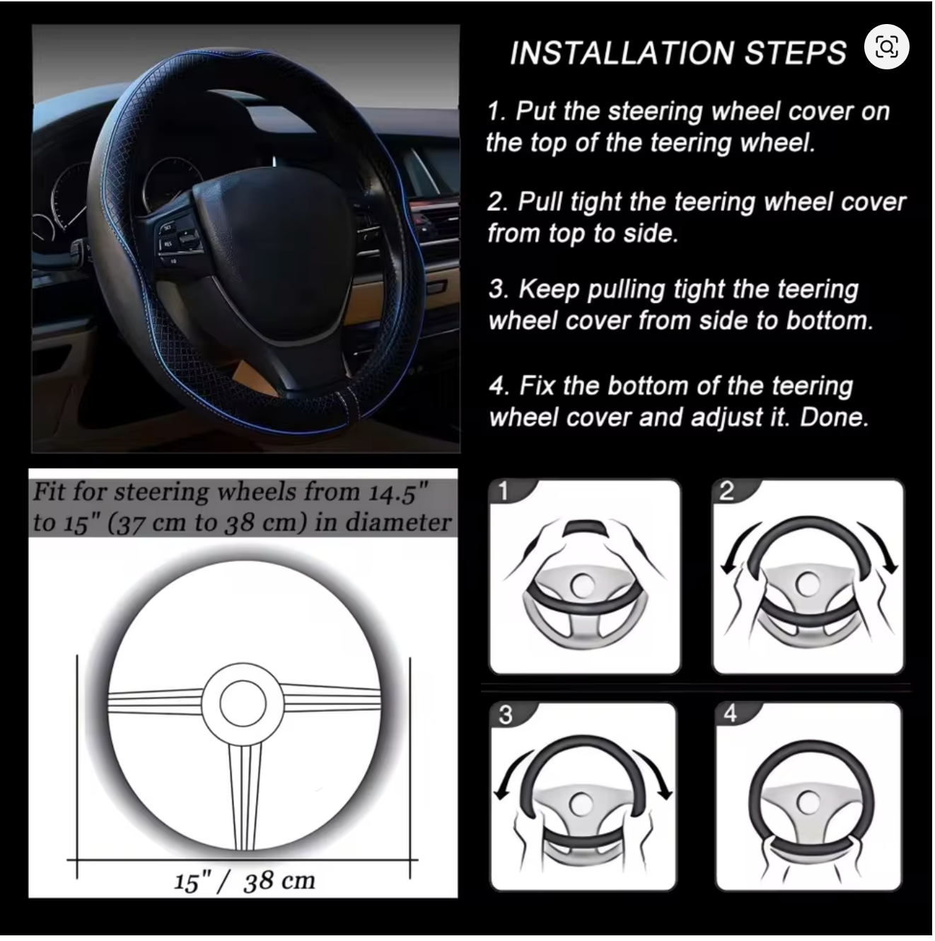 Car Steering Wheel Cover, Custom For Your Cars, Anti-Slip, Safety, Soft, Breathable, Heavy Duty, Thick, Full Surround, Sports Style, Car Accessories LI18990 - Delicate Leather  