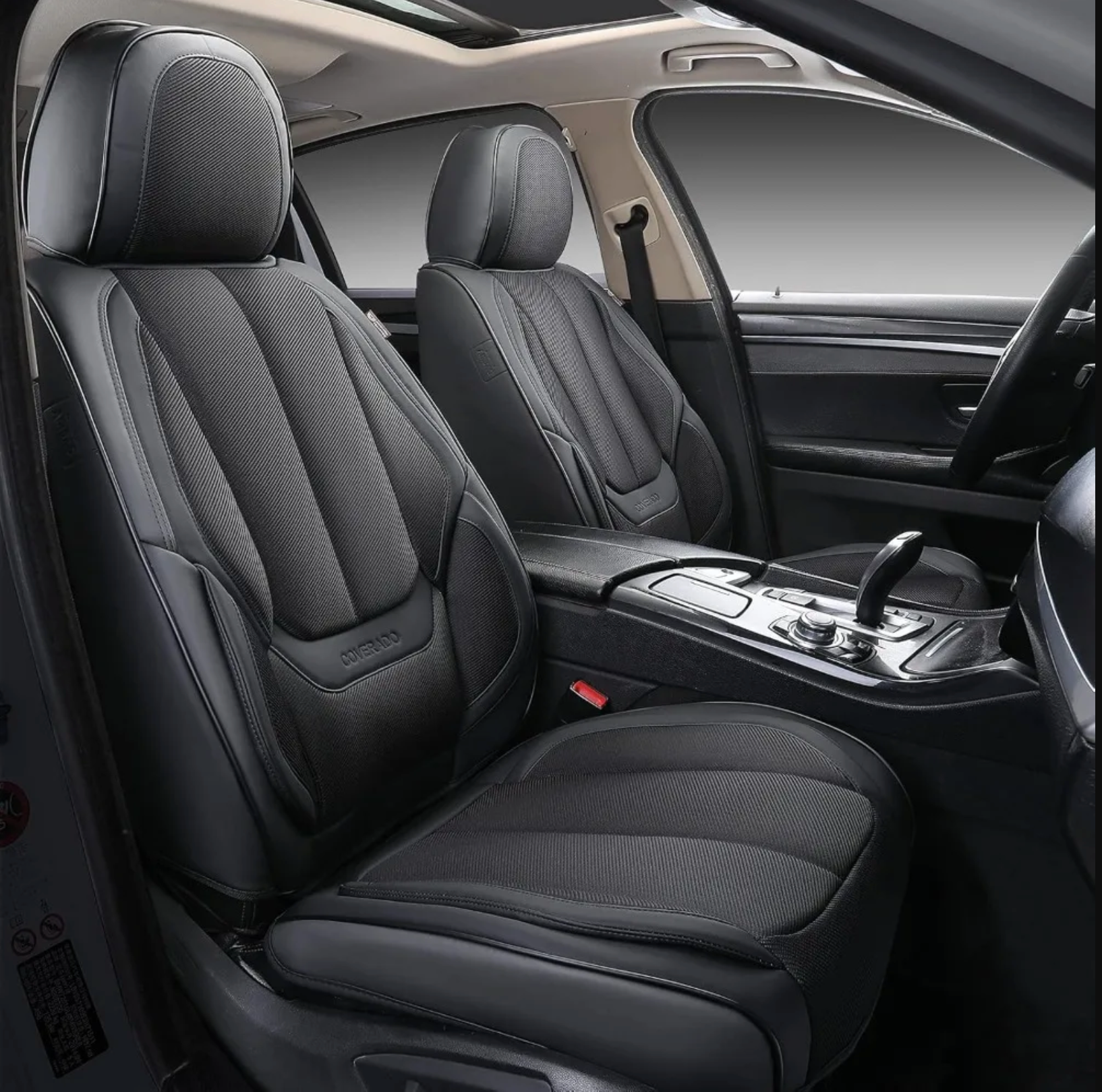 Seat Covers Full Set – Breathable Fabric & Leather, Waterproof, Universal Fit (Black/Red) - Delicate Leather  