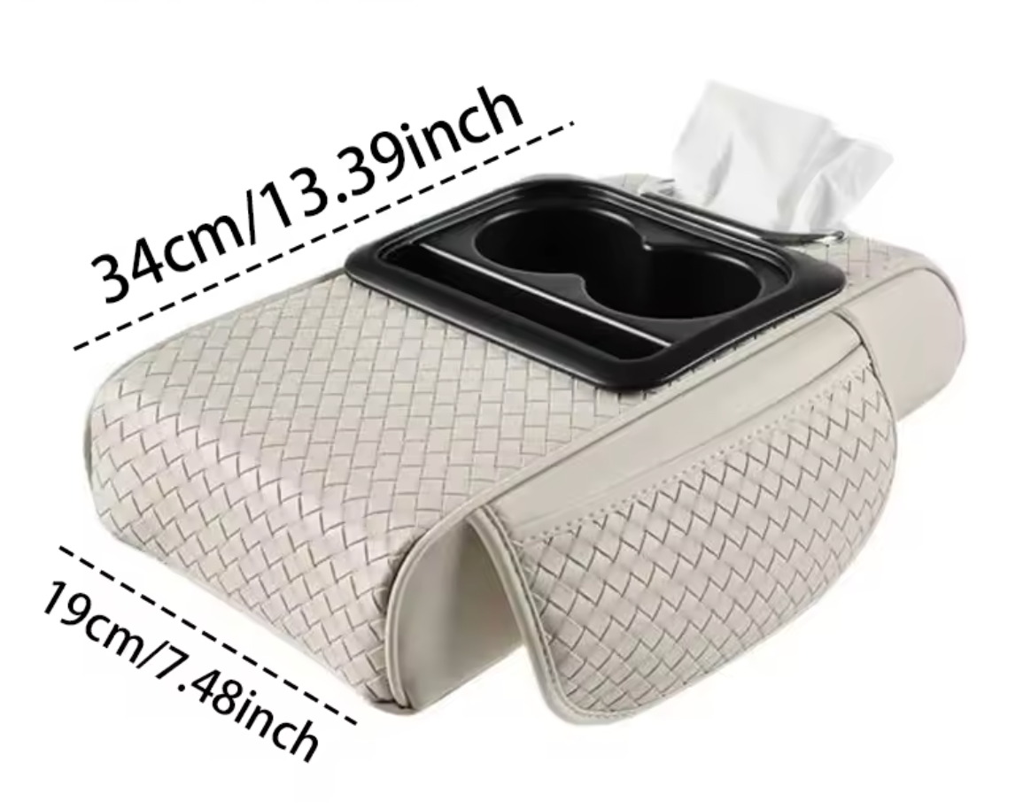 Car Armrest Cushion with Tissue Box & Cup Holder – Center Console Organizer Pad - Delicate Leather
