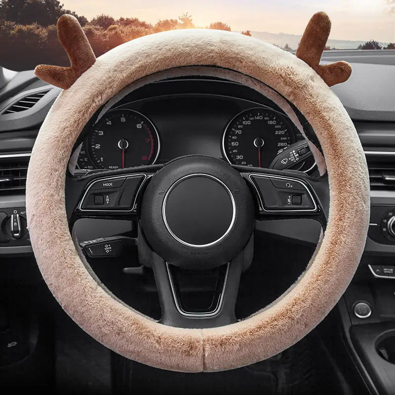 Warm Fluffy Winter Car Steering Wheel Cover – Full-Wrapped Anti-Slip Protector, Universal 38cm Christmas Gift Accessory - Delicate Leather  