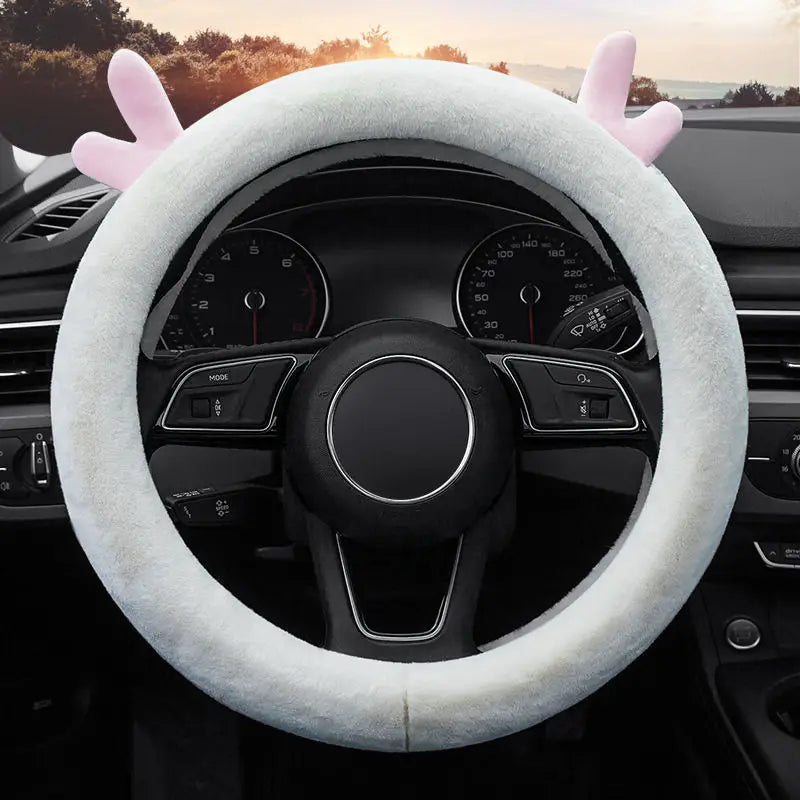 Warm Fluffy Winter Car Steering Wheel Cover – Full-Wrapped Anti-Slip Protector, Universal 38cm Christmas Gift Accessory - Delicate Leather  