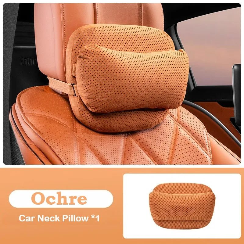 Suede Car Headrest Pillow & Lumbar Cushion – Luxury Nappa Leather Neck & Waist Pillow, Memory Foam Seat Accessories, Universal All Seasons - Delicate Leather  