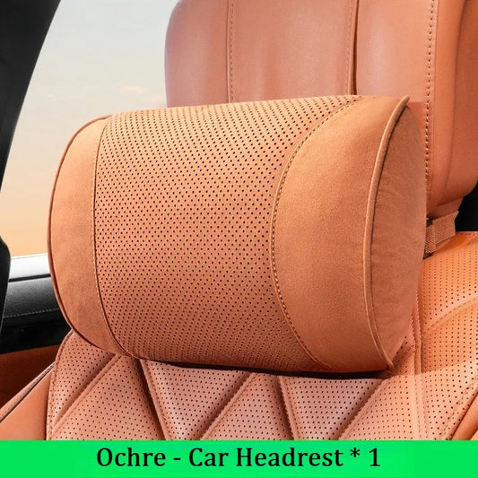 Suede Car Neck Pillow & Lumbar Cushion Set – Universal Fit Soft Headrest and Waist Support for Comfortable Driving - Delicate Leather