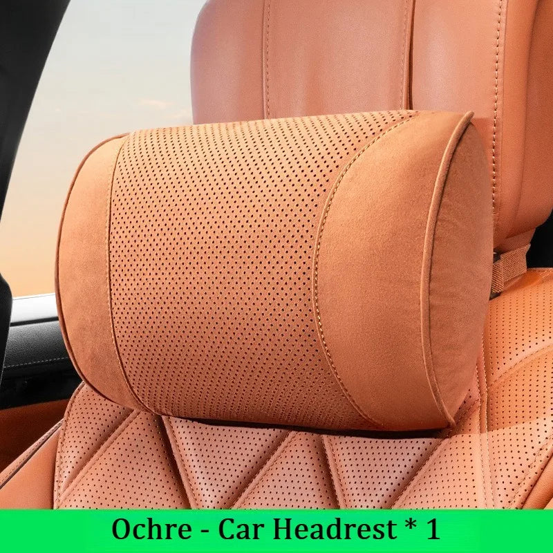 Suede Car Neck Pillow & Lumbar Cushion Set – Universal Fit Soft Headrest and Waist Support for Comfortable Driving - Delicate Leather  