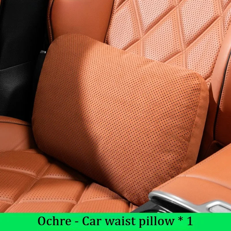 Suede Car Neck Pillow & Lumbar Cushion Set – Universal Fit Soft Headrest and Waist Support for Comfortable Driving - Delicate Leather  