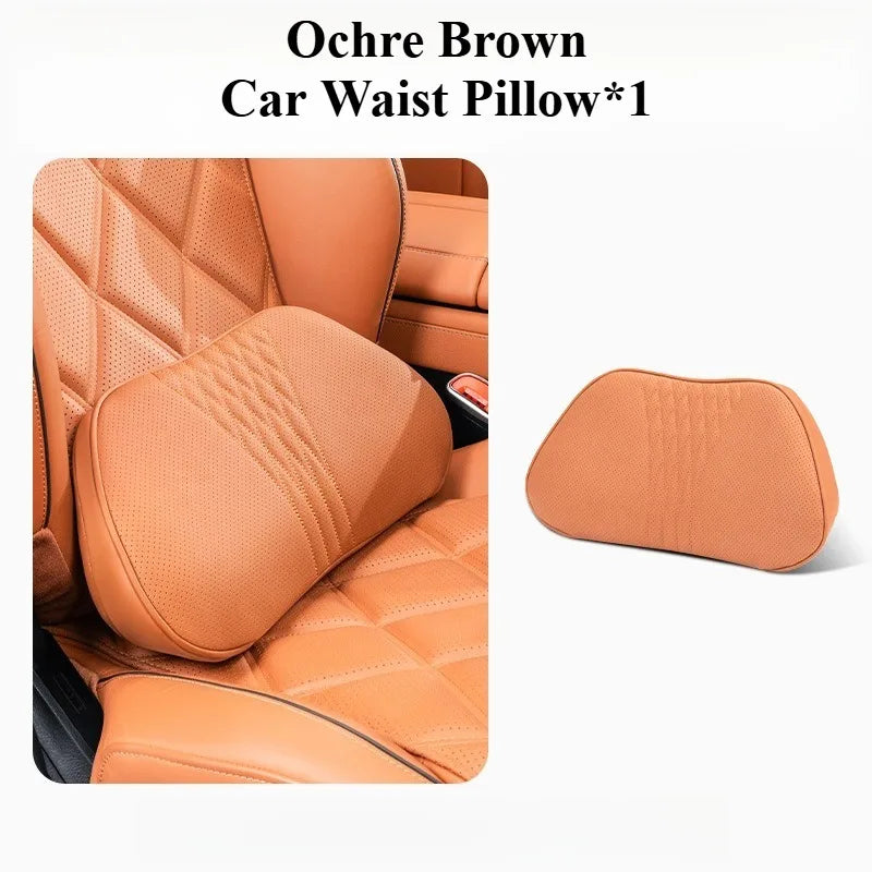 Soft Memory Foam Car Neck & Lumbar Pillow Set – Leather Headrest for Comfortable Driving - Delicate Leather  