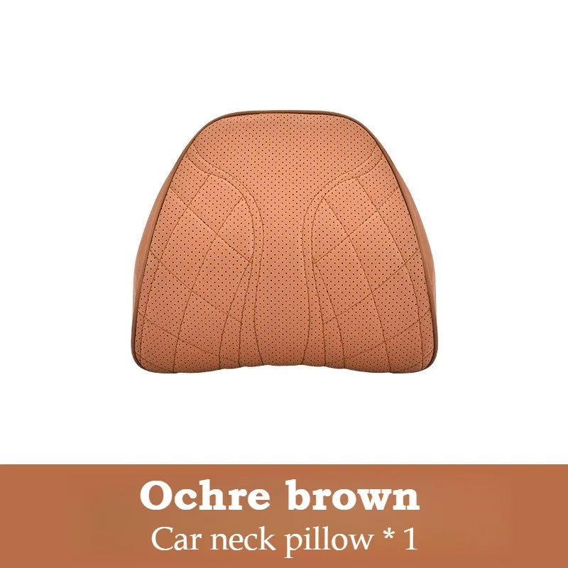 Memory Foam Car Neck & Lumbar Pillow Set – Nappa Leather Headrest and Waist Support - Delicate Leather  