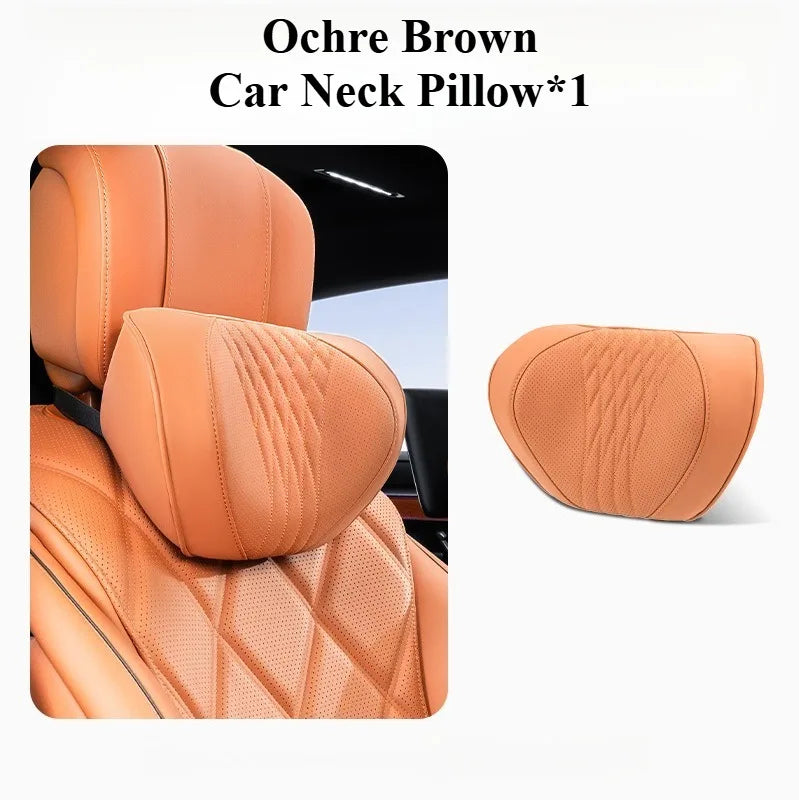 Soft Memory Foam Car Neck & Lumbar Pillow Set – Leather Headrest for Comfortable Driving - Delicate Leather  