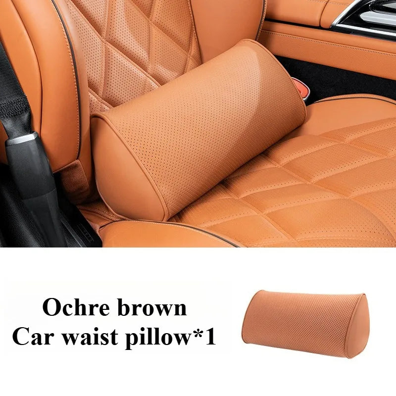 Memory Cotton Car Headrest & Lumbar Pillow Set – Leather Neck and Waist Support for Comfortable Driving - Delicate Leather  