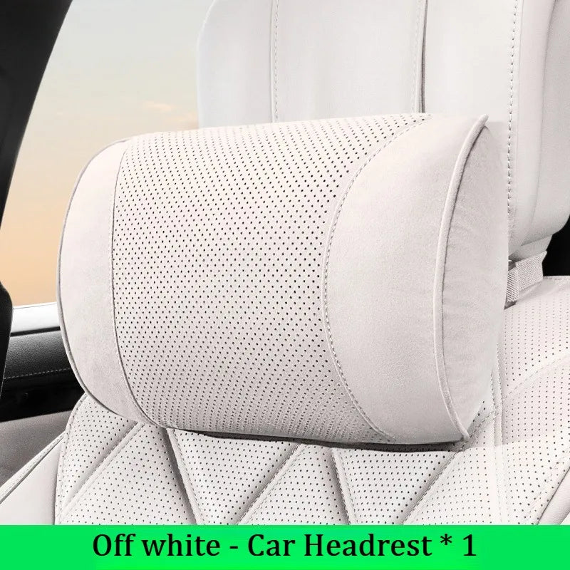 Suede Car Neck Pillow & Lumbar Cushion Set – Universal Fit Soft Headrest and Waist Support for Comfortable Driving - Delicate Leather  