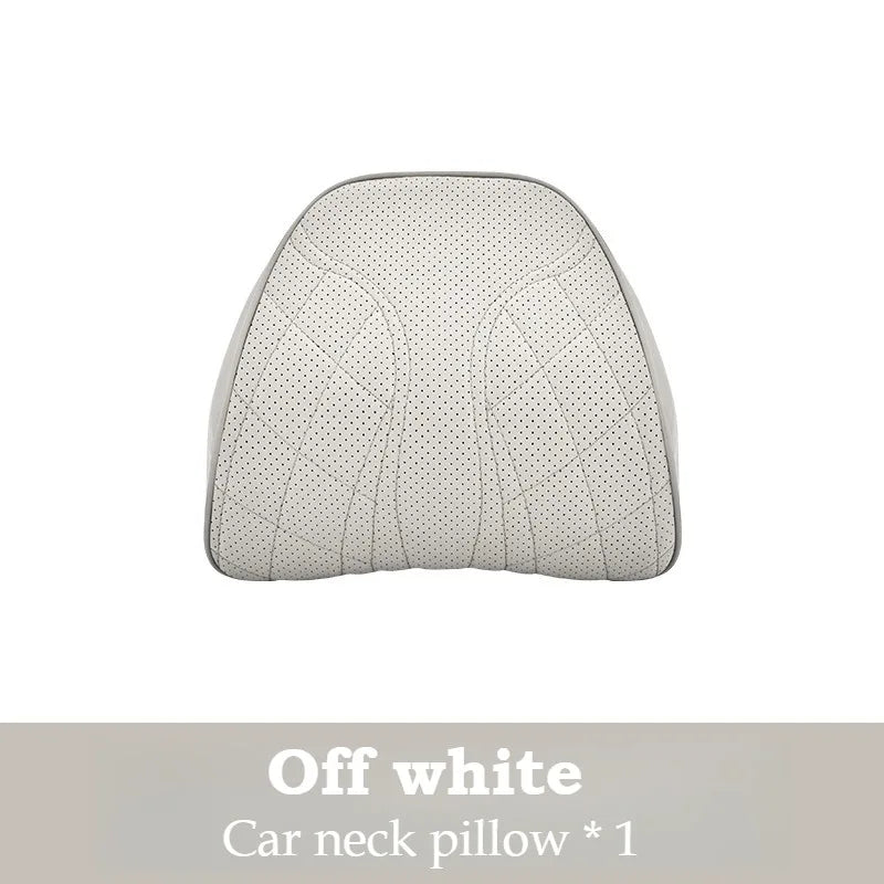 Memory Foam Car Neck & Lumbar Pillow Set – Nappa Leather Headrest and Waist Support - Delicate Leather  