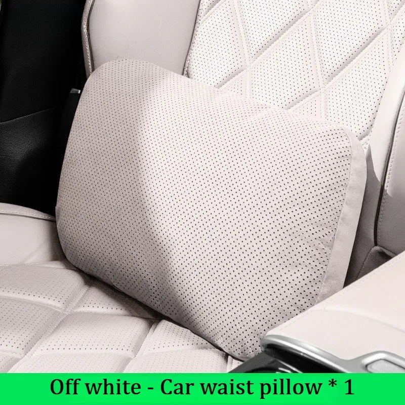 Suede Car Neck Pillow & Lumbar Cushion Set – Universal Fit Soft Headrest and Waist Support for Comfortable Driving - Delicate Leather  
