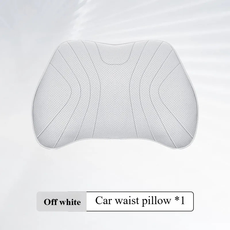 Soft Nappa Leather Car Neck & Lumbar Pillow Set – Ergonomic Headrest and Waist Support - Delicate Leather  