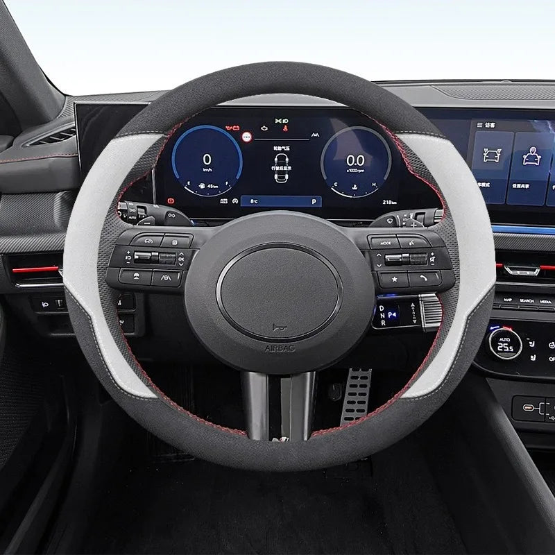 Suede Leather Steering Wheel Cover – Soft Grip Universal Cover for 37–38 cm Wheels - Delicate Leather  