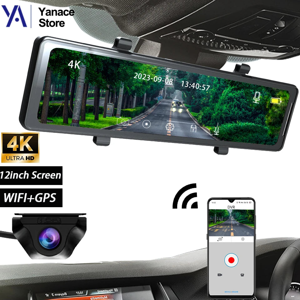 4K Car DVR Dashcam – 12 Inch Touch Screen with IPS Sony 415 Sensor, Rear View Mirror, Parking Support, and Rear View Camera 25