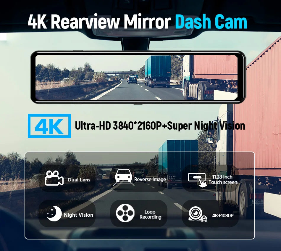 4K Car DVR Dashcam – 12 Inch Touch Screen with IPS Sony 415 Sensor, Rear View Mirror, Parking Support, and Rear View Camera 25