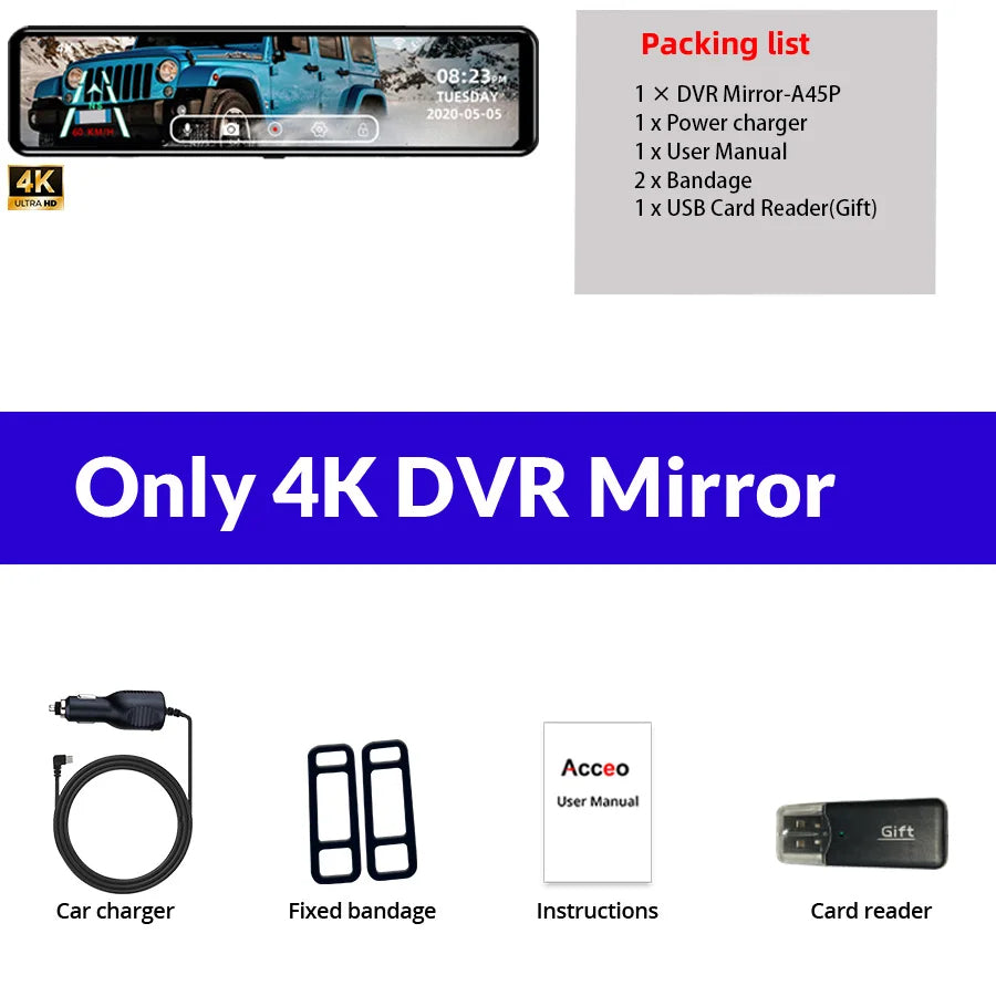 4K Car DVR Dashcam – 12 Inch Touch Screen with IPS Sony 415 Sensor, Rear View Mirror, Parking Support, and Rear View Camera 25