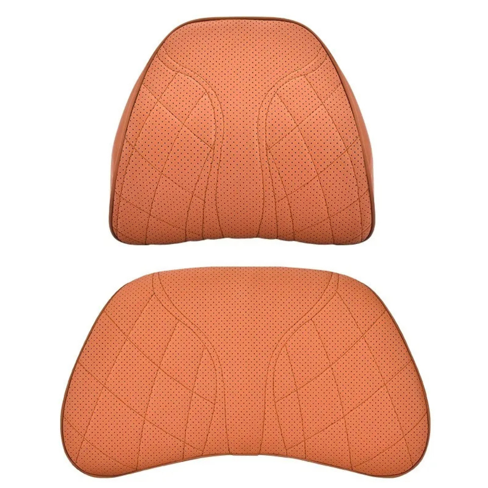 Memory Foam Car Neck & Lumbar Pillow Set – Nappa Leather Headrest and Waist Support - Delicate Leather  
