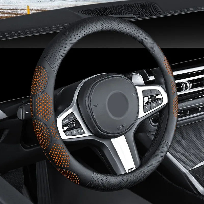Car Steering Wheel Cover, Universal 38cm O/D Shape Leather Steering Wheel Cover – Car Interior Anti-Slip Accessory - Delicate Leather  