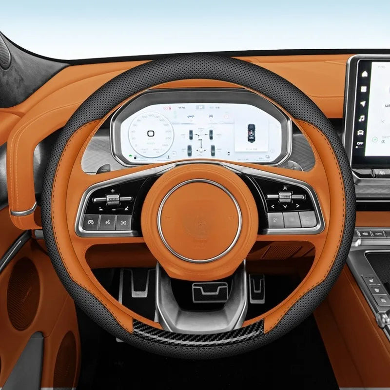 Universal Leather Steering Wheel Cover 38cm O/D Type – Non-Slip Breathable Car Interior Accessory - Delicate Leather  