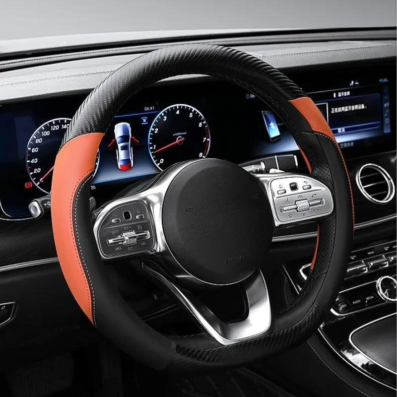Carbon Fiber Leather Steering Wheel Cover – O/D Shape, Universal Non-Slip Car Accessory - Delicate Leather  