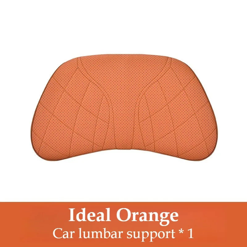 Memory Foam Car Neck & Lumbar Pillow Set – Nappa Leather Headrest and Waist Support - Delicate Leather  