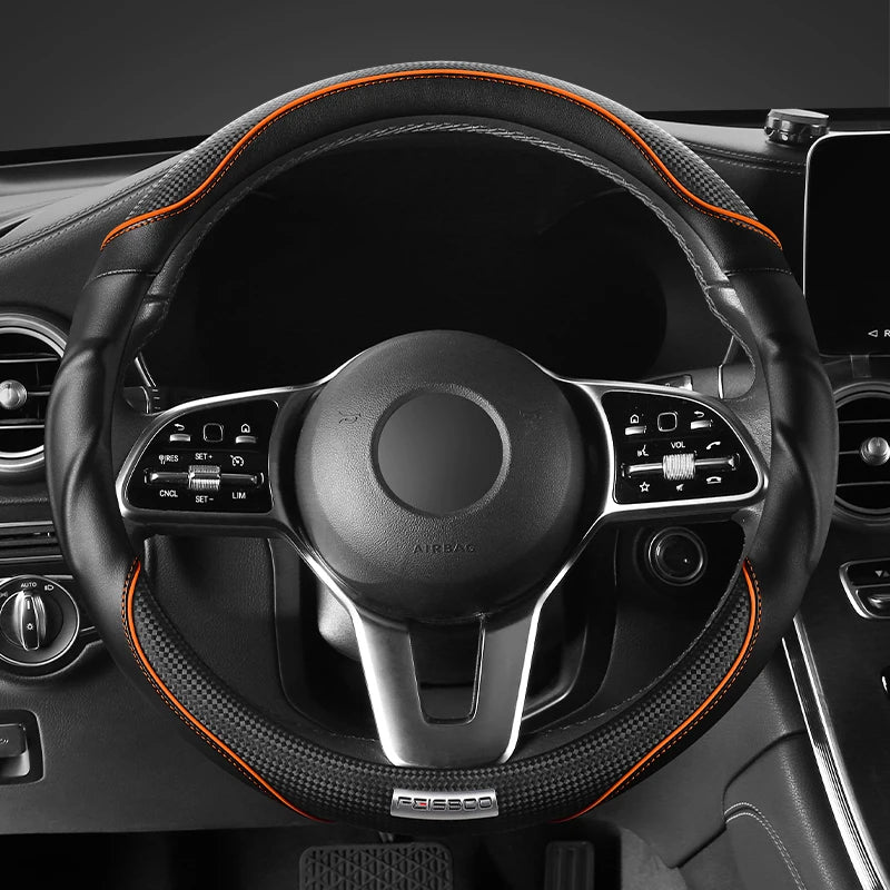 Premium 3D Sport Car Steering Wheel Cover, Anti-Slip, Shock-Absorbing, Ergonomic Grip, Dynamic Contour, Fits 14.5–15" - Delicate Leather  