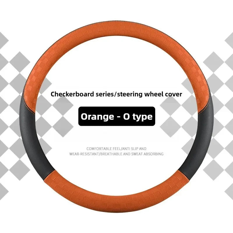 Microfiber Leather Steering Wheel Cover – 15-Inch Universal Fit, Anti-Slip Rubber Grip, Checkered Flag Design, All-Season Comfort - Delicate Leather  