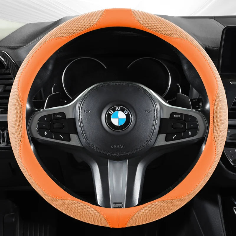 Breathable Mesh Ice Silk Steering Wheel Cover, Universal 15 Inch, Anti-Slip, Warm in Winter & Cool in Summer - Delicate Leather  