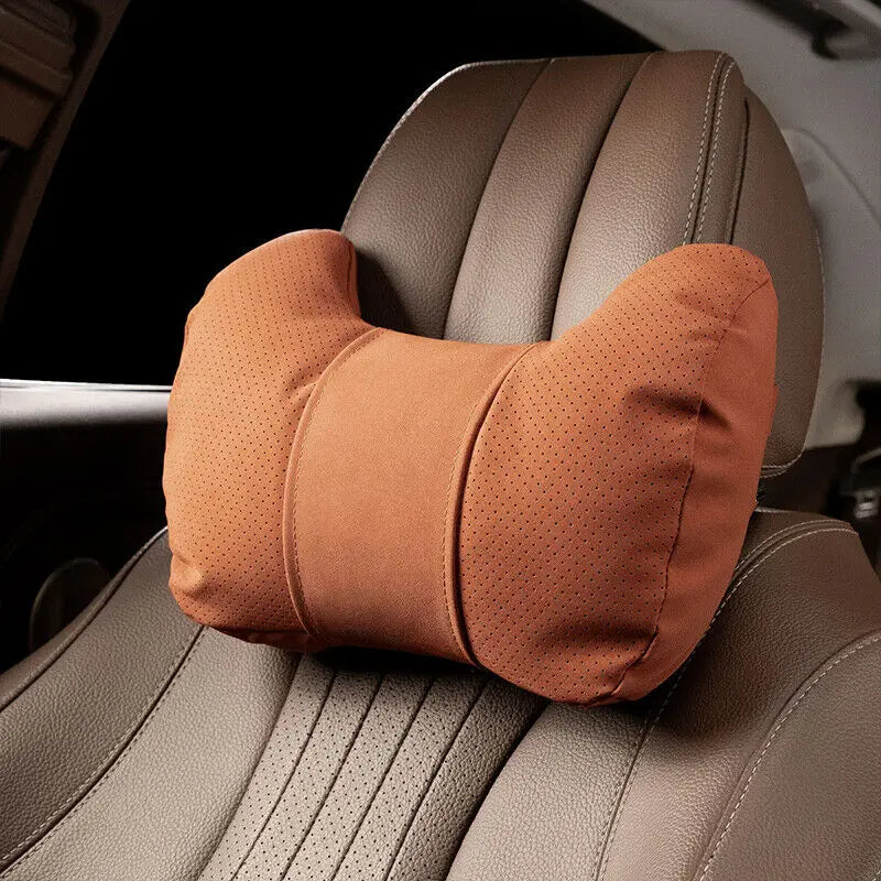 Car Neck & Waist Pillow - Soft Comfort Auto Seat Headrest and Cushion Support for Driving - Universal Fit - Delicate Leather  