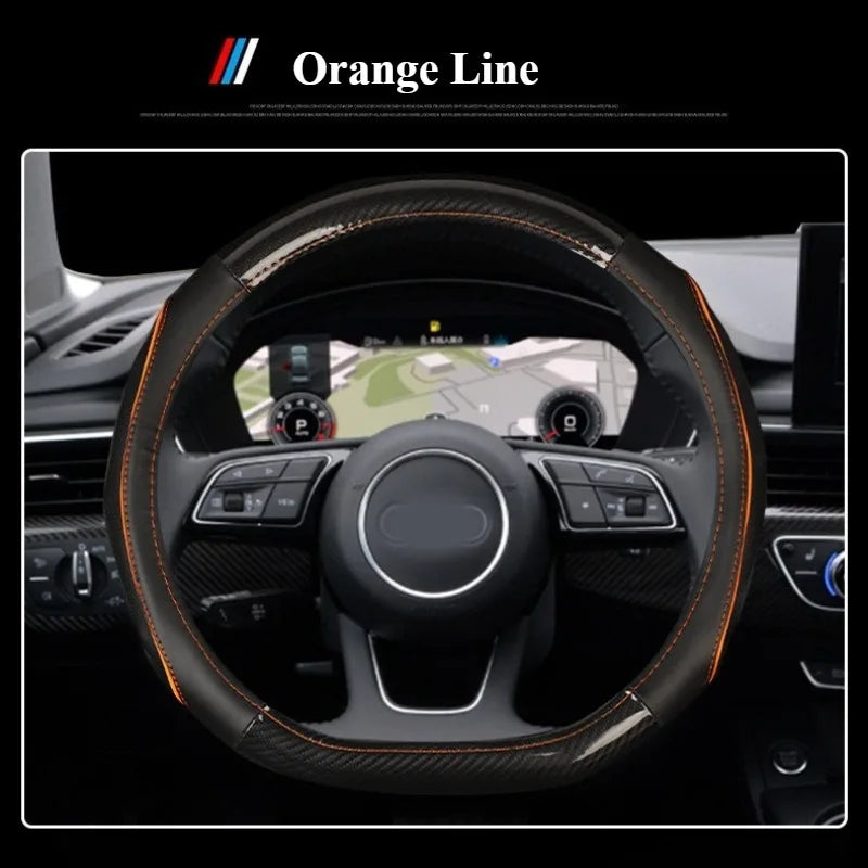 Carbon Fiber & Nappa Leather Steering Wheel Cover – Universal 37–38cm, Non-Slip Silicone Grip, 3D Textured Design, Breathable & Durable - Delicate Leather  
