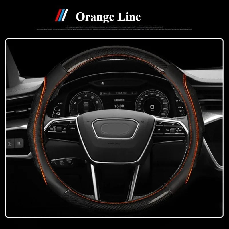 Carbon Fiber & Nappa Leather Steering Wheel Cover – Universal 37–38cm, Non-Slip Silicone Grip, 3D Textured Design, Breathable & Durable - Delicate Leather  