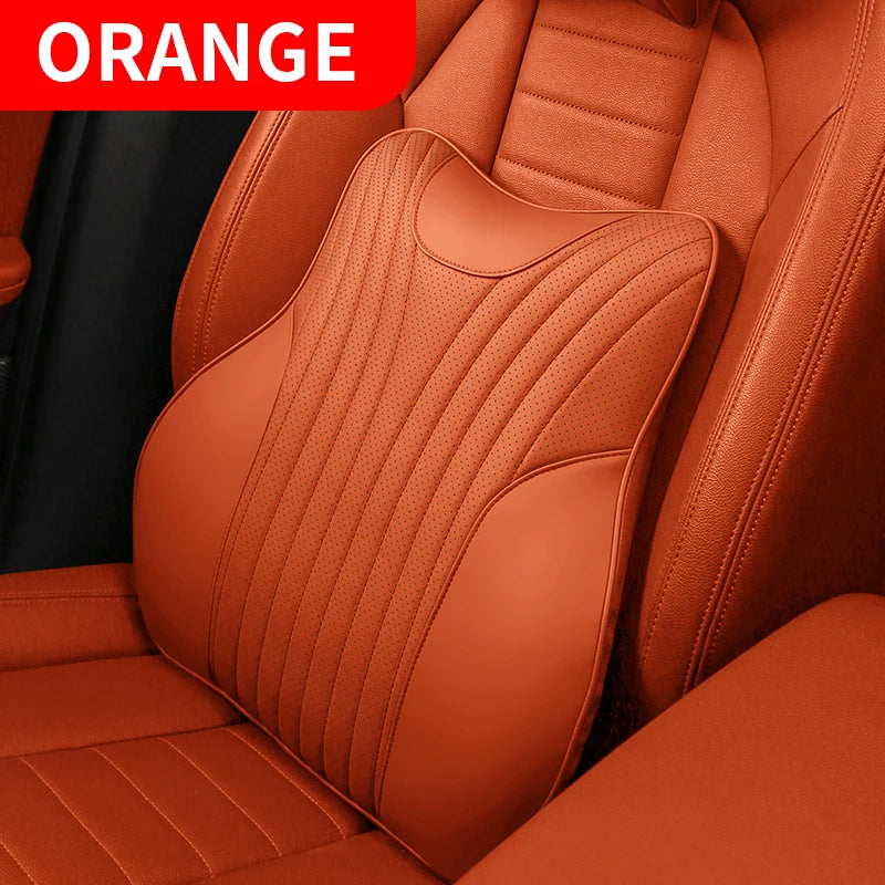 Universal Genuine Leather Neck Pillow & Lumbar Support – Anti-Slip Car Headrest Cushion for All-Season Comfort - Delicate Leather  