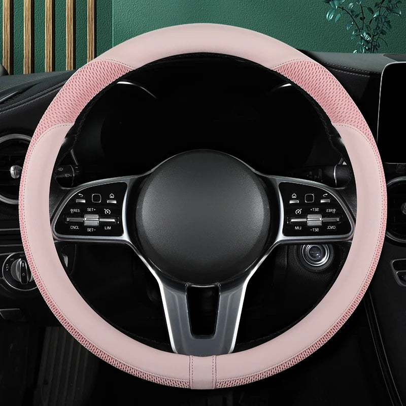 Premium Leather Car Steering Wheel Cover – Breathable Mesh, Universal Fit 14.5–15 Inch - Delicate Leather  