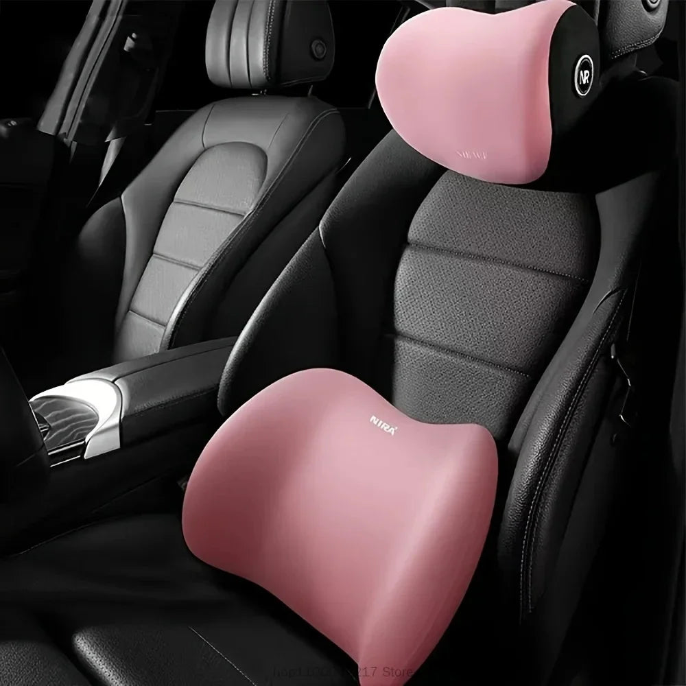 Universal Car Headrest Neck Support Pillow & Lumbar Cushion – Memory Foam Back Support, Four-Season Comfort for All Vehicles - Delicate Leather  