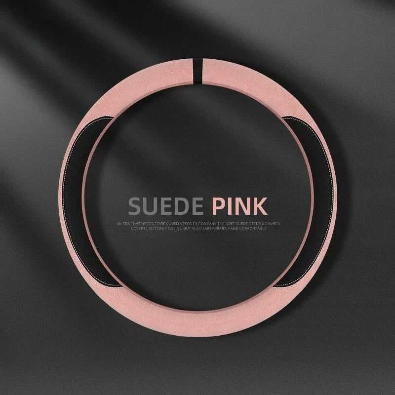 Trendy Four-Season Suede Steering Wheel Cover – Universal Non-Slip Handle Grip, Sporty D-Type Car Steering Wheel Protector - Delicate Leather  
