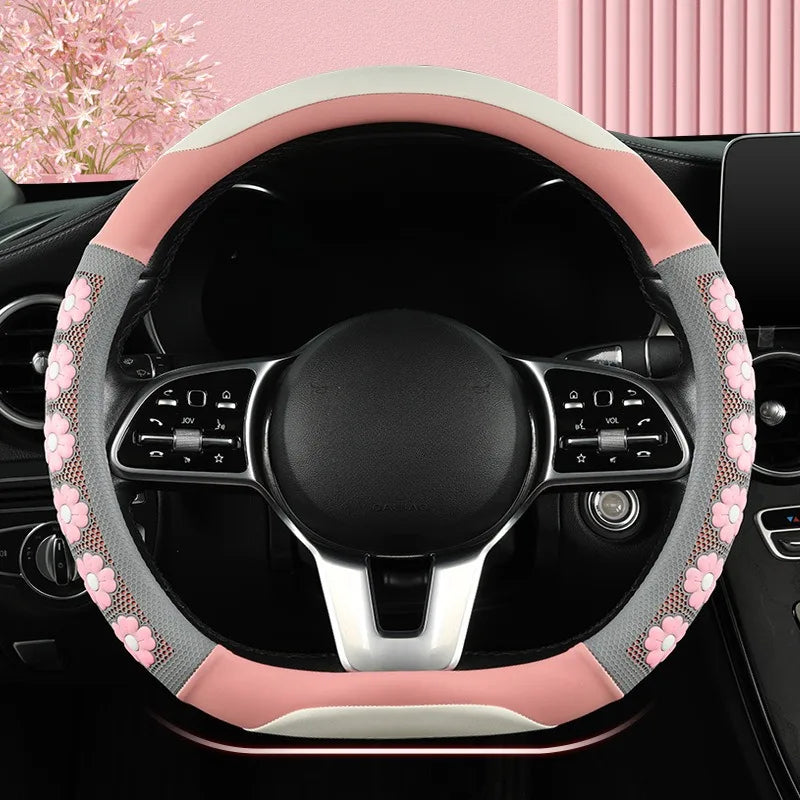 Cute Flower Design Car Steering Wheel Cover for Women - Universal Non-Slip Handle Cover - Nappa Leather & Silicone Car Accessories - Delicate Leather  