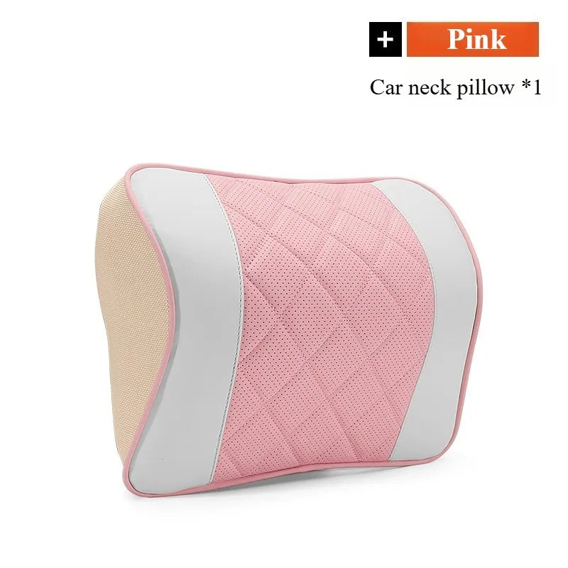 Comfort Nappa Leather Car Headrest & Lumbar Support Set – Soft Memory Foam Neck Pillow & Waist Cushion for Car Seats and Office Chairs - Delicate Leather  