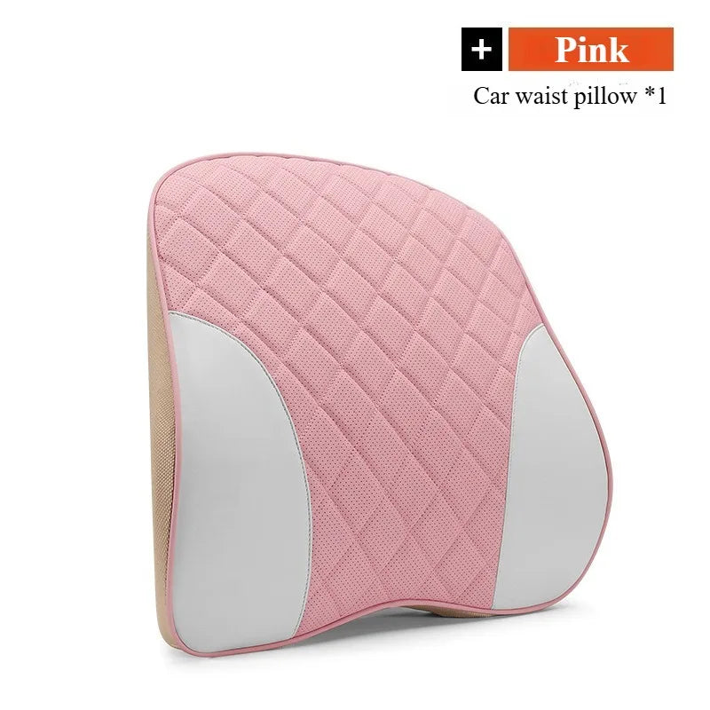 Comfort Nappa Leather Car Headrest & Lumbar Support Set – Soft Memory Foam Neck Pillow & Waist Cushion for Car Seats and Office Chairs - Delicate Leather  