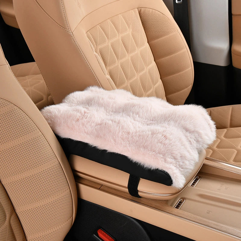 Plush Car Armrest Cushion with Tissue Box – Winter Fluffy Center Console Cover - Delicate Leather  