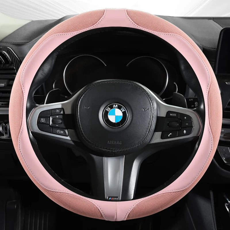 Breathable Mesh Ice Silk Steering Wheel Cover, Universal 15 Inch, Anti-Slip, Warm in Winter & Cool in Summer - Delicate Leather  