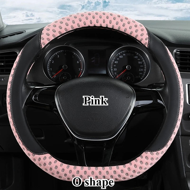 PU Leather Steering Wheel Cover – 3D Cooling Fabric, Non-Slip, O/D Shape, All-Season Comfort - Delicate Leather  