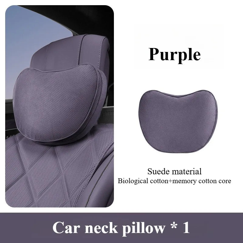 Suede Car Neck and Lumbar Support Set – Universal Ergonomic Headrest & Waist Pillow for Auto Seats - Delicate Leather  