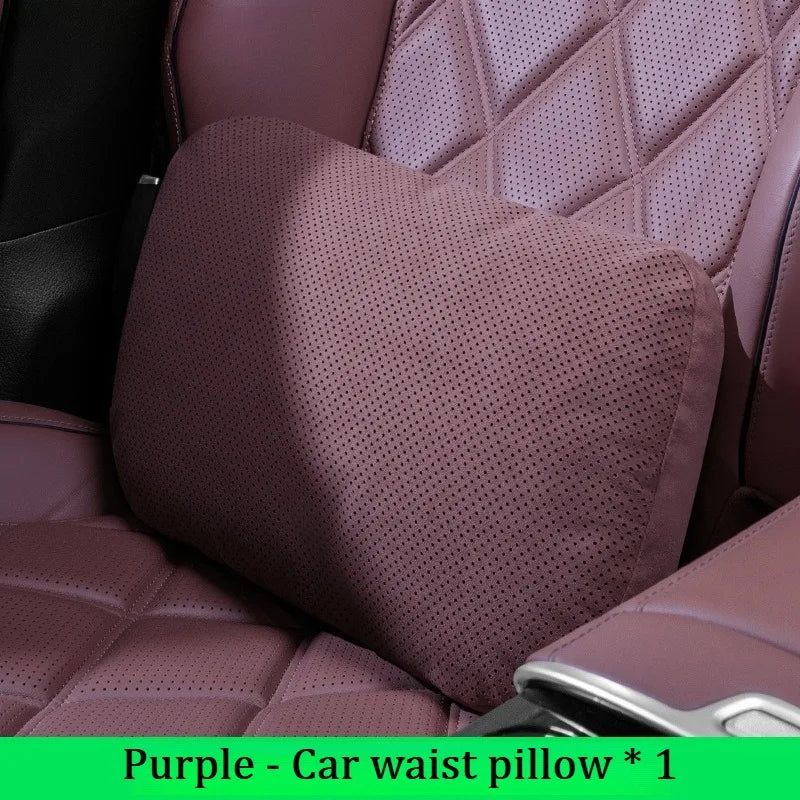 Suede Car Neck Pillow & Lumbar Cushion Set – Universal Fit Soft Headrest and Waist Support for Comfortable Driving - Delicate Leather  