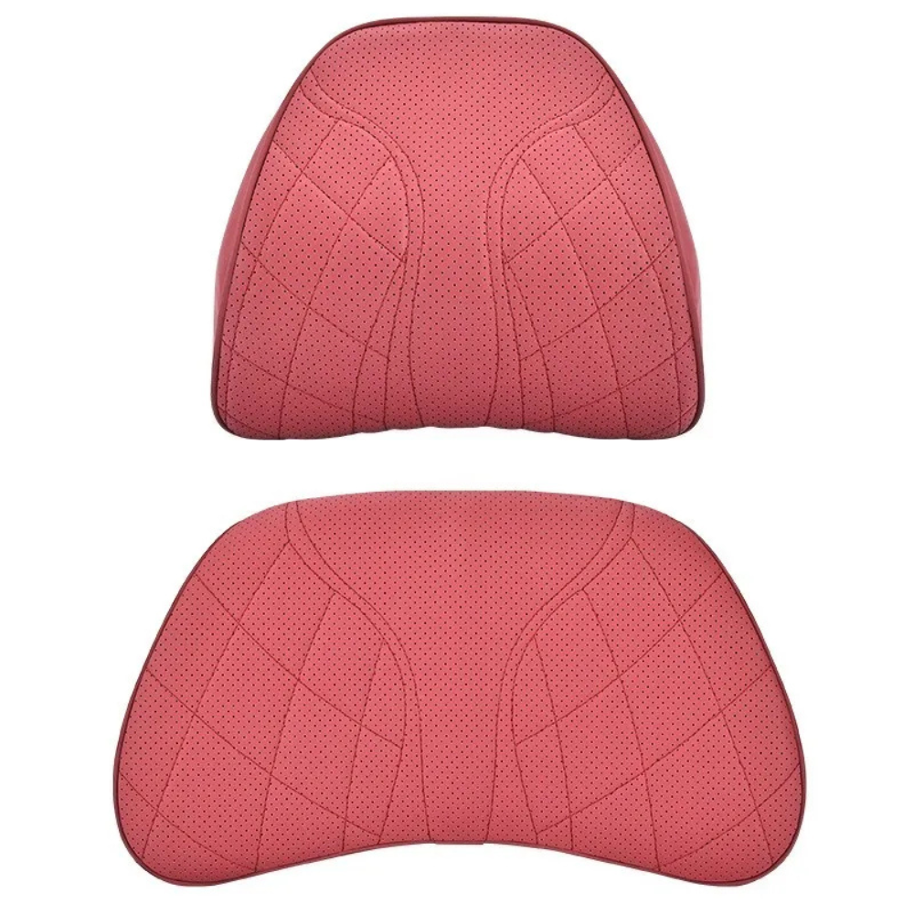 Memory Foam Car Neck & Lumbar Pillow Set – Nappa Leather Headrest and Waist Support - Delicate Leather  