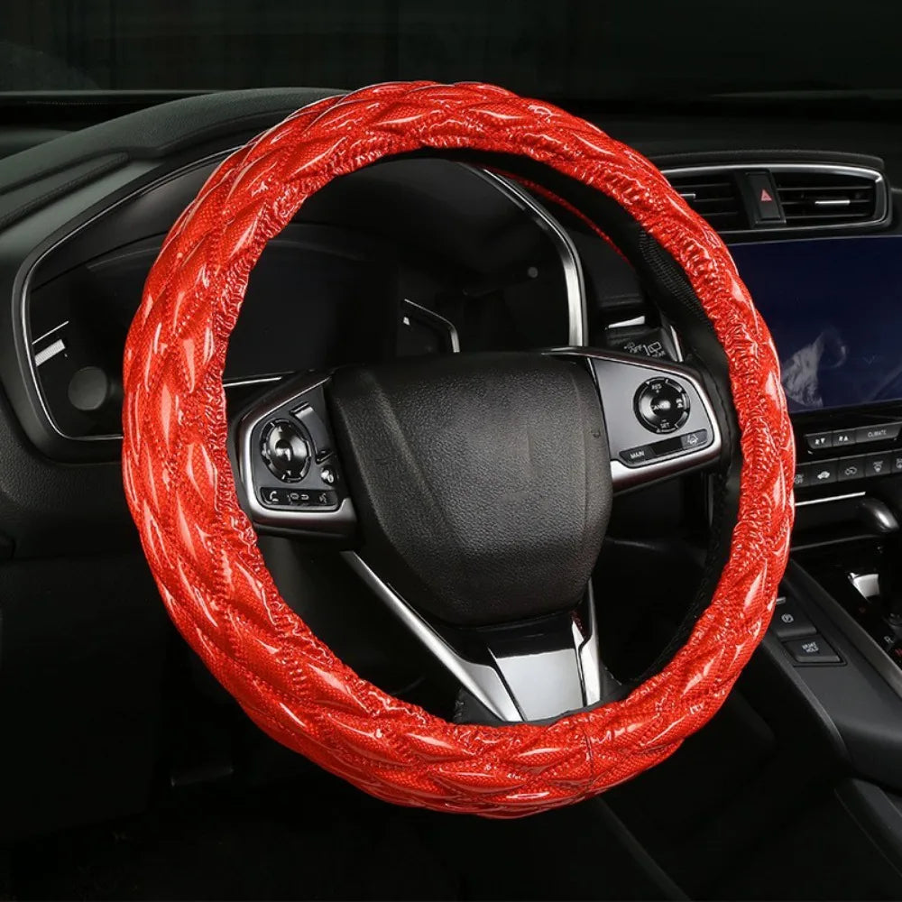 Universal 38cm Steering Wheel Cover – Anti-Slip 3D Rhombus PU Leather Wheel Protector, All-Season Car Interior Accessory - Delicate Leather  