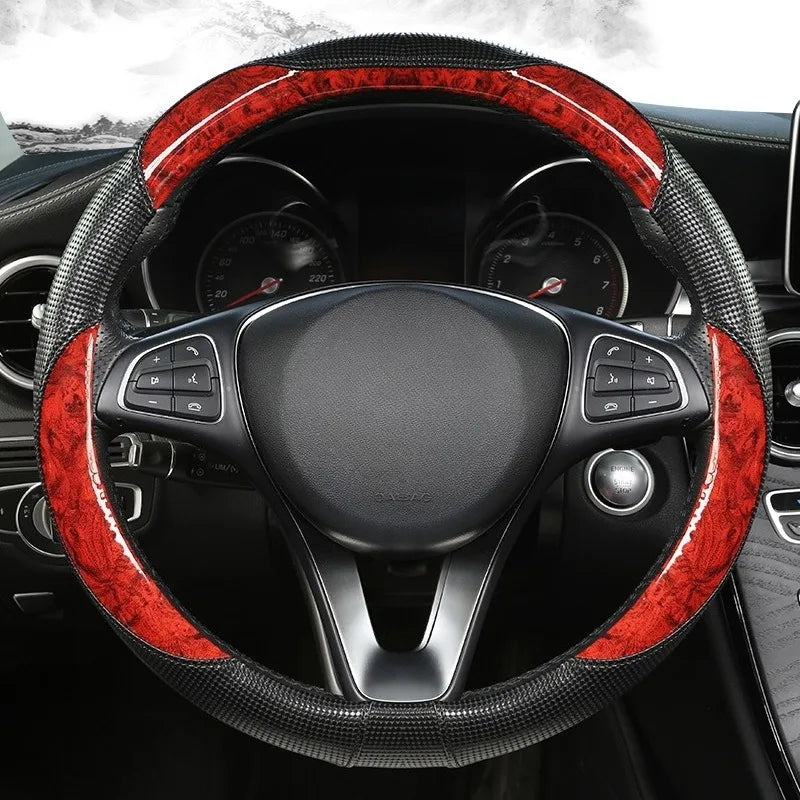 Wood Grain Leather Steering Wheel Cover – Universal 37–38CM Non-Slip O/D Shape Grip - Delicate Leather