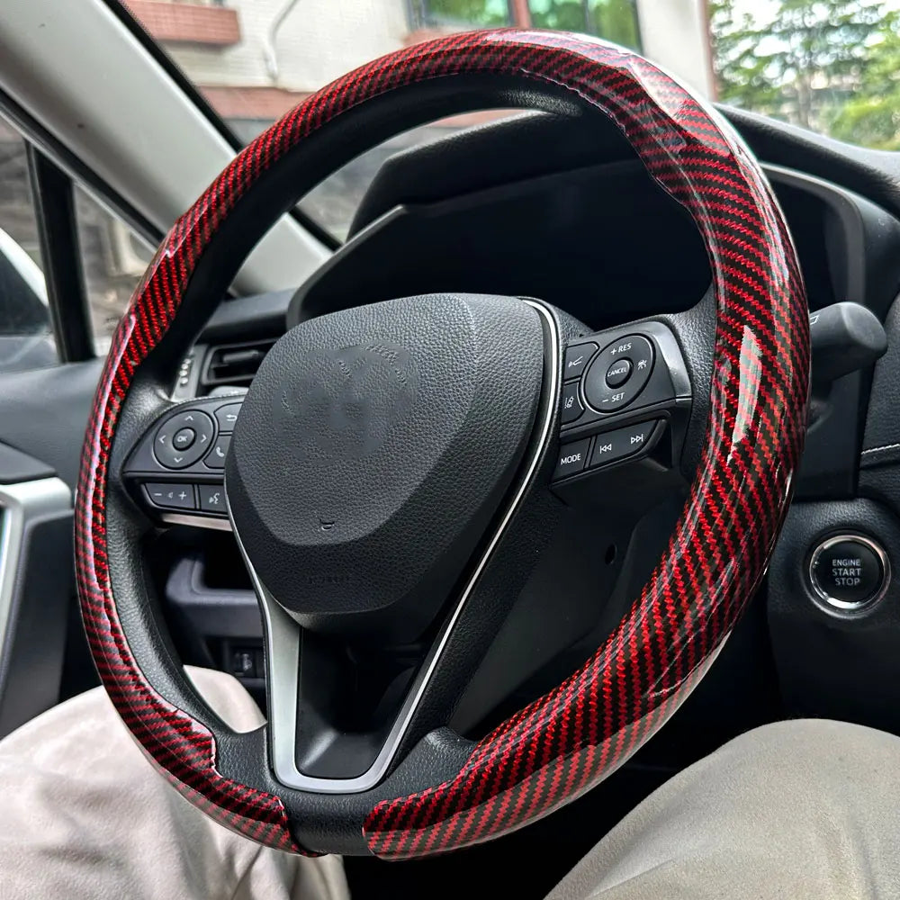 Carbon Fiber Style Steering Wheel Cover – Breathable Non-Slip Round Universal Fit - Delicate Leather  